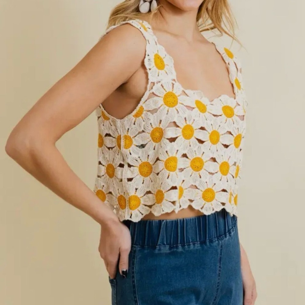 NEW - Floral Crochet Crop Top - Yellow and Cream